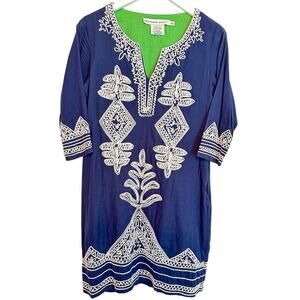 Gretchen Scott Small Blue Embroidered Vacation Passamentrie Mini Dress Cotton